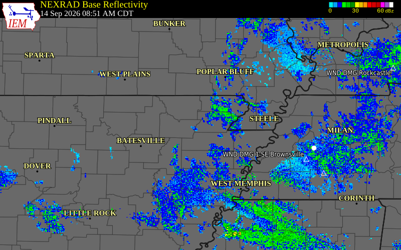 Current NEXRAD radar over Greene County, Arkansas with recent storm report locations