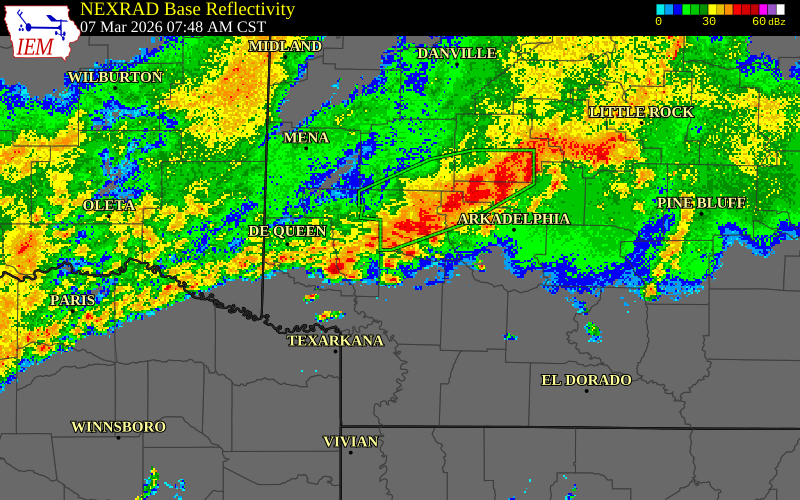 NEXRAD radar during the Saturday, March 7, 2026 storm activity in Hempstead County, Arkansas