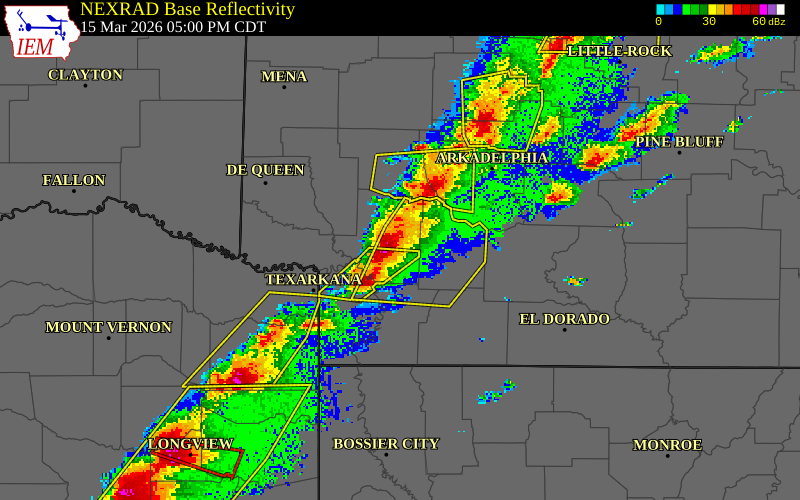 NEXRAD radar during the Sunday, March 15, 2026 storm activity in Hempstead County, Arkansas