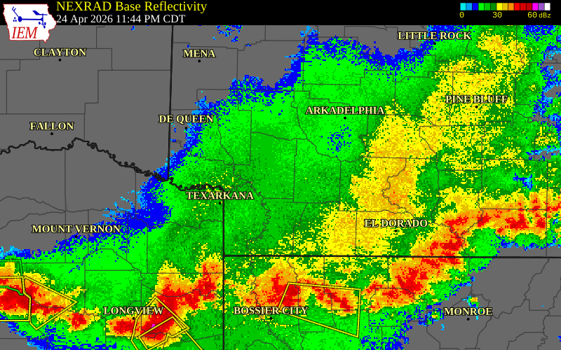 NEXRAD radar during the Friday, April 24, 2026 storm activity in Hempstead County, Arkansas