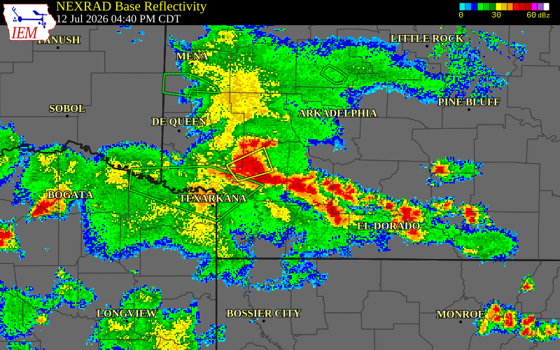 NEXRAD radar during the Sunday, July 12, 2026 storm activity in Hempstead County, Arkansas