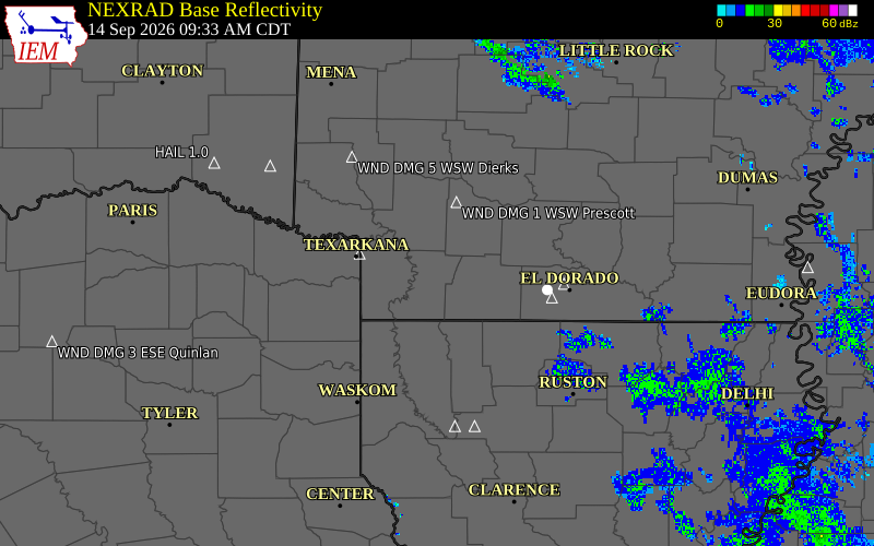 Current NEXRAD radar over Hempstead County, Arkansas with recent storm report locations