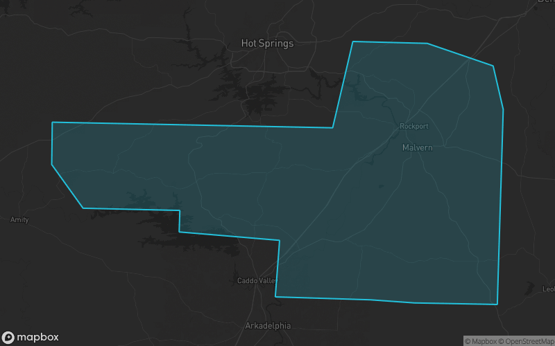 Map of Hot Spring County, Arkansas showing the county boundary and surrounding cities