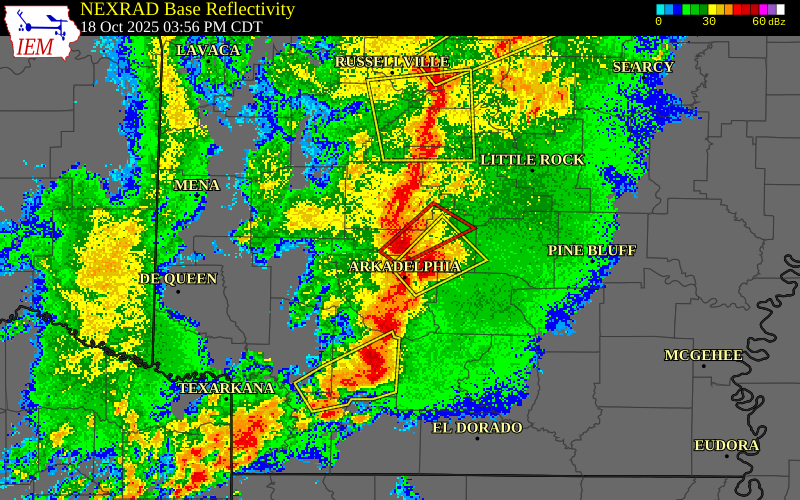 NEXRAD radar during the Saturday, October 18, 2025 storm activity in Hot Spring County, Arkansas