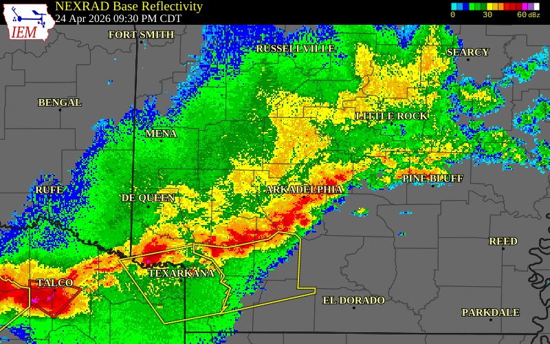 NEXRAD radar during the Friday, April 24, 2026 storm activity in Hot Spring County, Arkansas