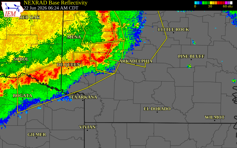 NEXRAD radar during the Monday, June 22, 2026 storm activity in Hot Spring County, Arkansas
