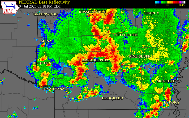 NEXRAD radar during the Saturday, July 4, 2026 storm activity in Hot Spring County, Arkansas