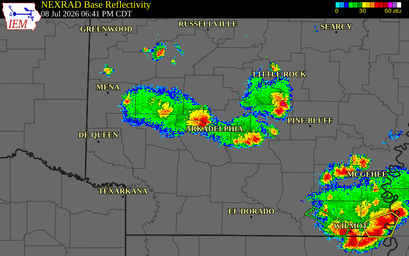 NEXRAD radar during the Wednesday, July 8, 2026 storm activity in Hot Spring County, Arkansas