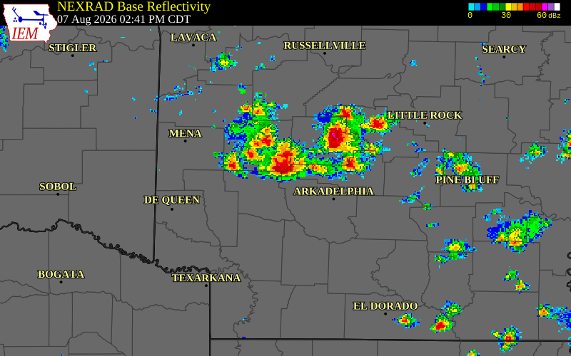 NEXRAD radar during the Friday, August 7, 2026 storm activity in Hot Spring County, Arkansas