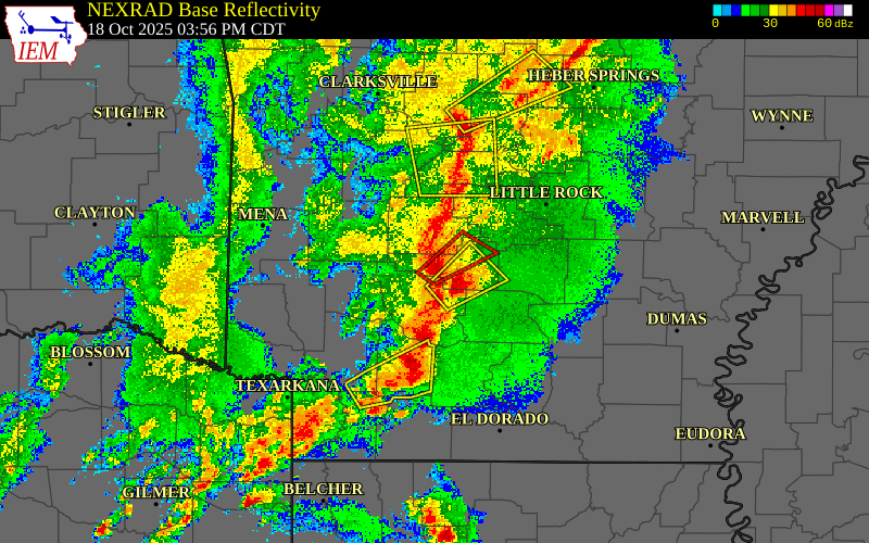Radar snapshot during the Oct 18, 2025 tornado event near 3 ENE Degray Lake State, Hot Spring County, Arkansas, with NWS warning polygons