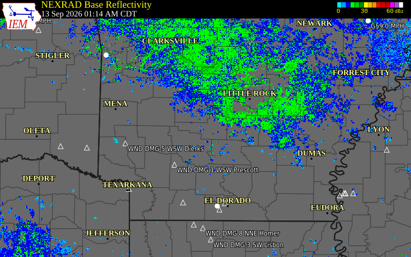 Current NEXRAD radar over Hot Spring County, Arkansas with recent storm report locations