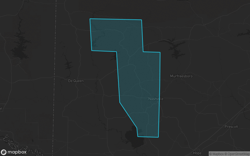Map of Howard County, Arkansas showing the county boundary and surrounding cities