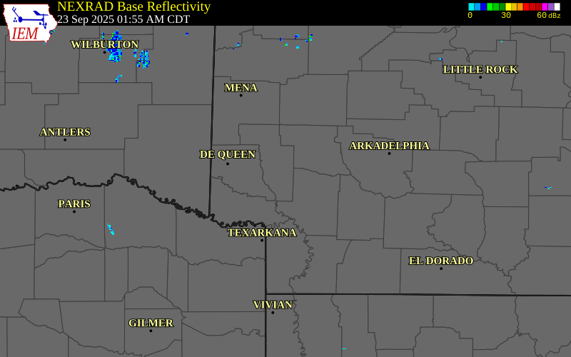 NEXRAD radar during the Tuesday, September 23, 2025 storm activity in Howard County, Arkansas
