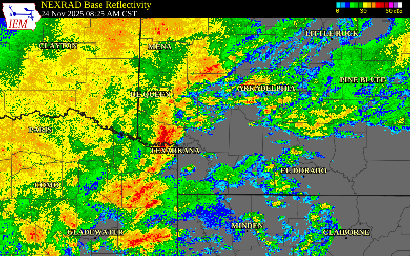 NEXRAD radar during the Monday, November 24, 2025 storm activity in Howard County, Arkansas