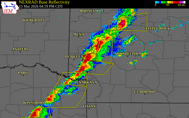 NEXRAD radar during the Sunday, March 15, 2026 storm activity in Howard County, Arkansas