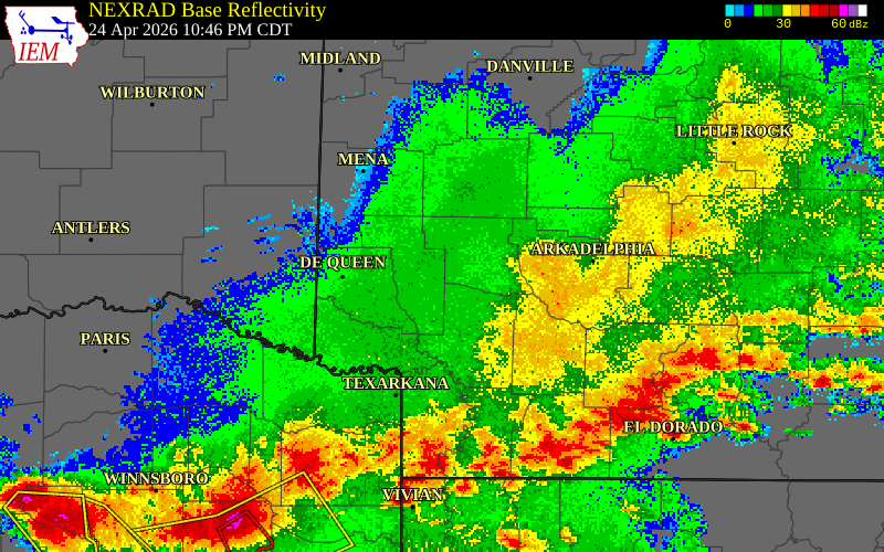 NEXRAD radar during the Friday, April 24, 2026 storm activity in Howard County, Arkansas
