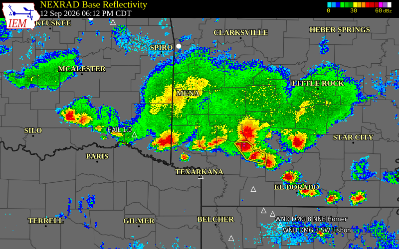 Current NEXRAD radar over Howard County, Arkansas with recent storm report locations