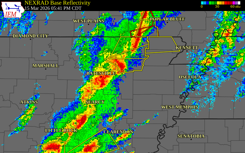 NEXRAD radar during the Sunday, March 15, 2026 storm activity in Independence County, Arkansas