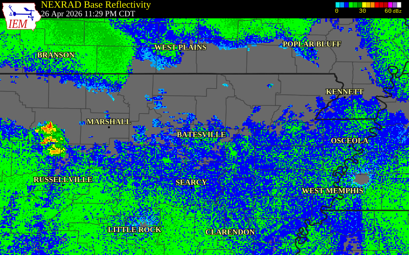 NEXRAD radar during the Sunday, April 26, 2026 storm activity in Independence County, Arkansas