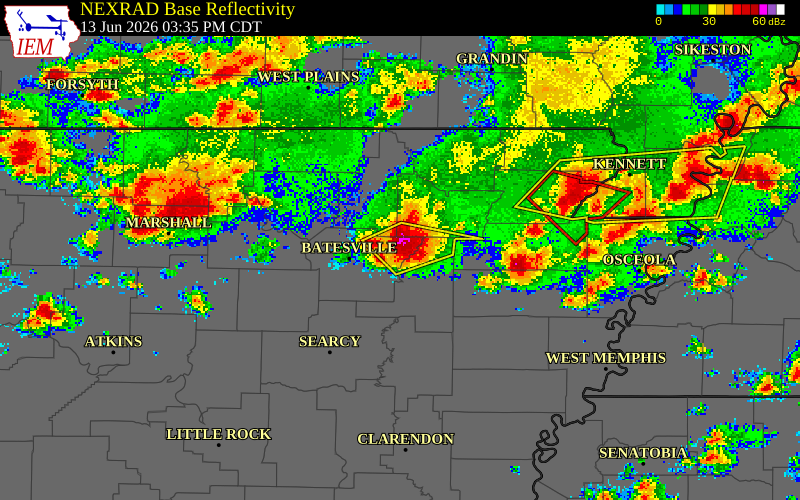 NEXRAD radar during the Saturday, June 13, 2026 storm activity in Independence County, Arkansas