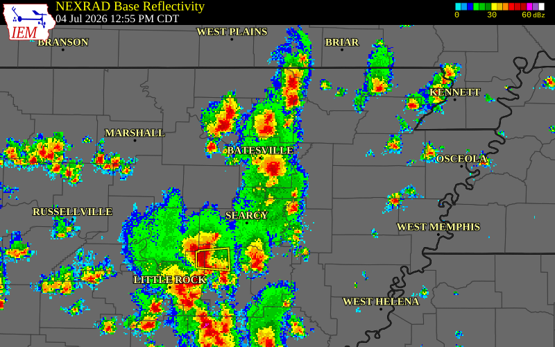 NEXRAD radar during the Saturday, July 4, 2026 storm activity in Independence County, Arkansas