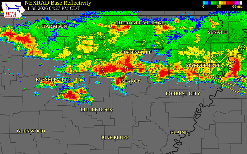 NEXRAD radar during the Saturday, July 11, 2026 storm activity in Independence County, Arkansas