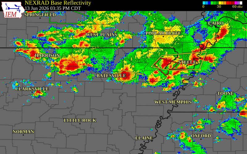 Radar snapshot during the Jun 13, 2026 hail event near 1 N Cord, Independence County, Arkansas, with NWS warning polygons
