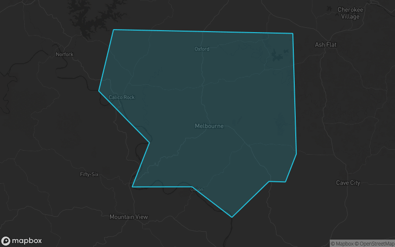 Map of Izard County, Arkansas showing the county boundary and surrounding cities