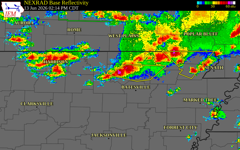 NEXRAD radar during the Saturday, June 13, 2026 storm activity in Izard County, Arkansas