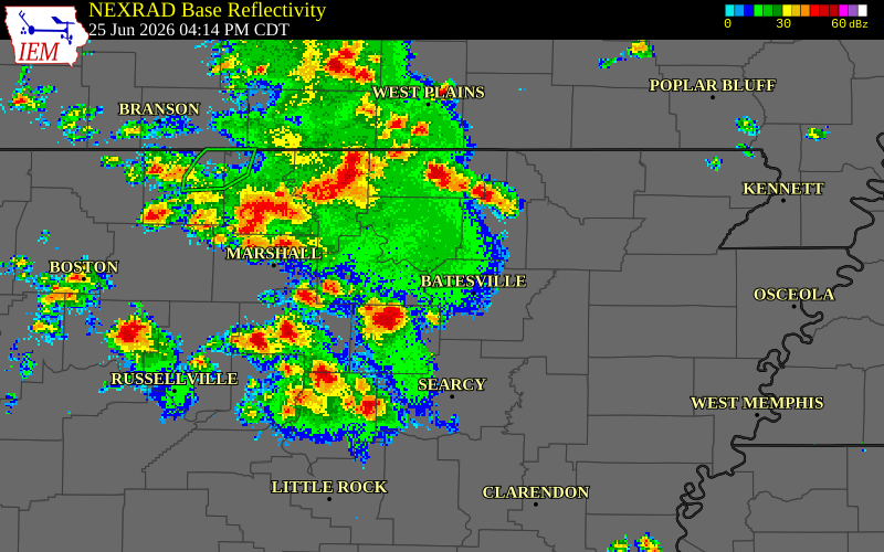 NEXRAD radar during the Thursday, June 25, 2026 storm activity in Izard County, Arkansas
