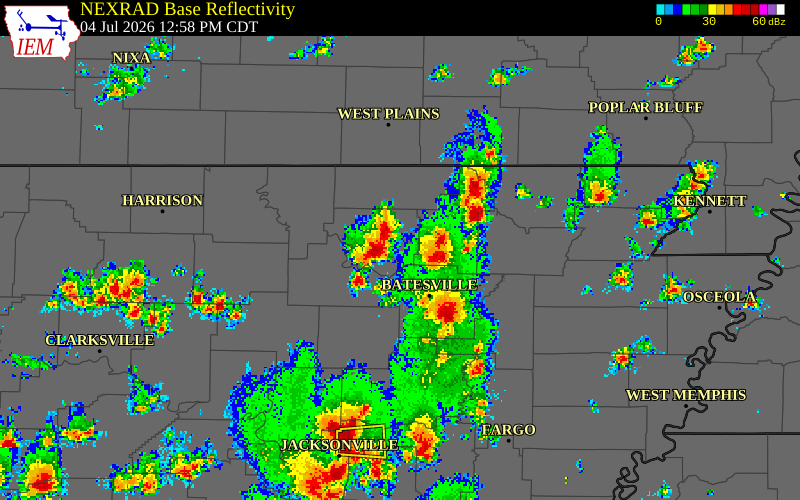 NEXRAD radar during the Saturday, July 4, 2026 storm activity in Izard County, Arkansas