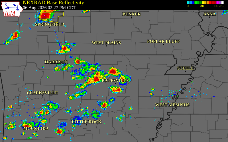 Radar snapshot during the Aug 6, 2026 hail event near Izard County, Izard County, Arkansas, with NWS warning polygons