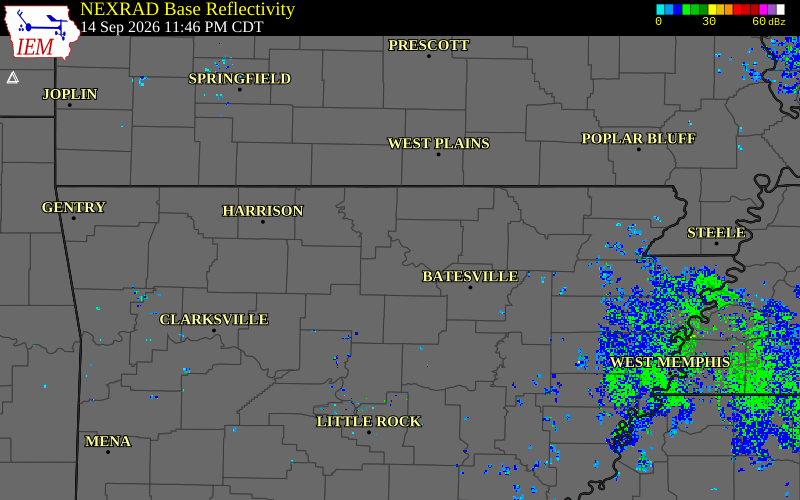 Current NEXRAD radar over Izard County, Arkansas with recent storm report locations