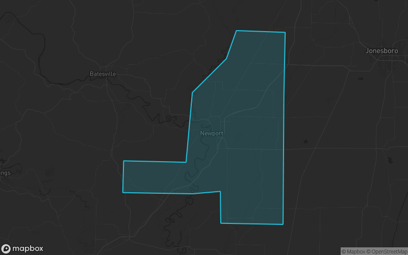 Map of Jackson County, Arkansas showing the county boundary and surrounding cities
