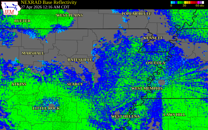 NEXRAD radar during the Monday, April 27, 2026 storm activity in Jackson County, Arkansas