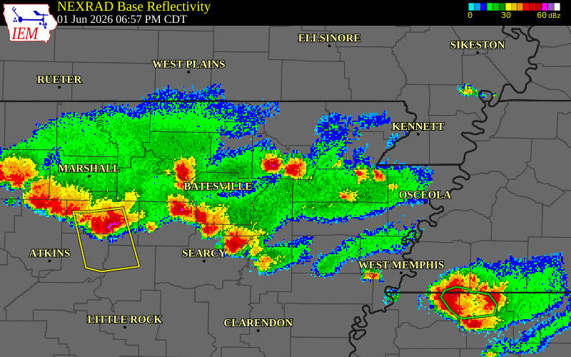 NEXRAD radar during the Monday, June 1, 2026 storm activity in Jackson County, Arkansas