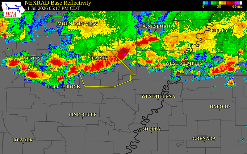 NEXRAD radar during the Saturday, July 11, 2026 storm activity in Jackson County, Arkansas