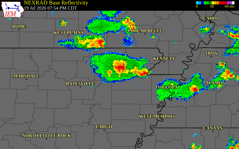 NEXRAD radar during the Sunday, July 19, 2026 storm activity in Jackson County, Arkansas