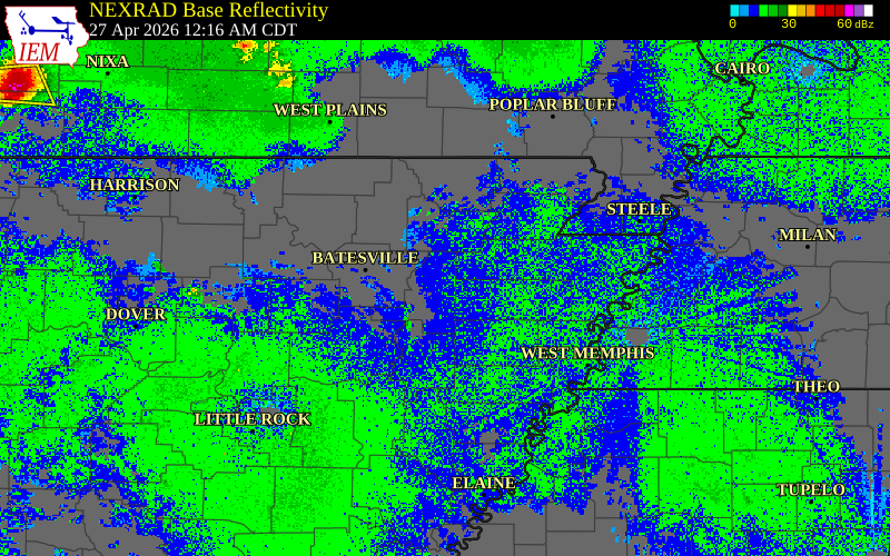 Radar snapshot during the Apr 27, 2026 tornado event near 5 E Tuckerman, Jackson County, Arkansas, with NWS warning polygons