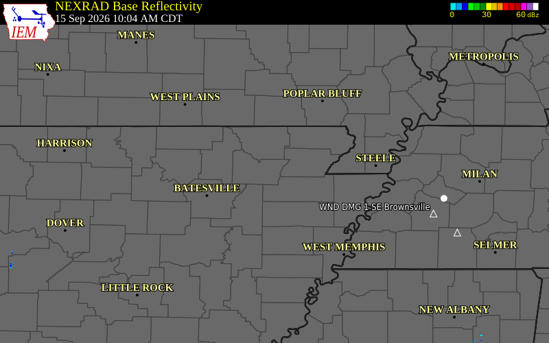 Current NEXRAD radar over Jackson County, Arkansas with recent storm report locations