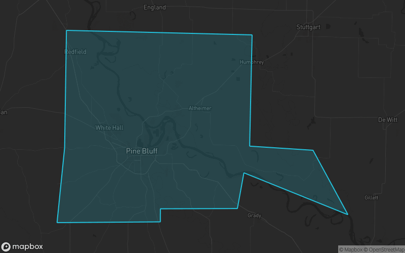 Map of Jefferson County, Arkansas showing the county boundary and surrounding cities