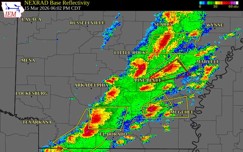 NEXRAD radar during the Sunday, March 15, 2026 storm activity in Jefferson County, Arkansas