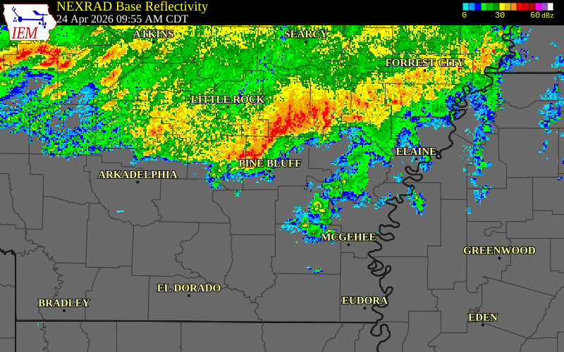 NEXRAD radar during the Friday, April 24, 2026 storm activity in Jefferson County, Arkansas
