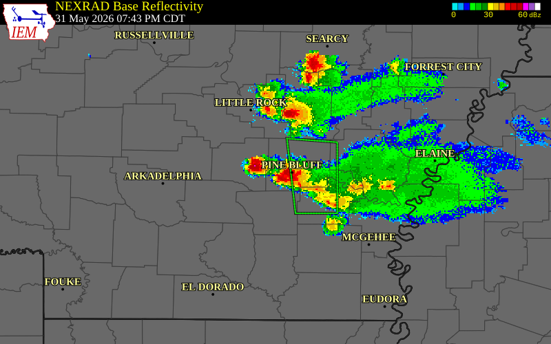 NEXRAD radar during the Sunday, May 31, 2026 storm activity in Jefferson County, Arkansas