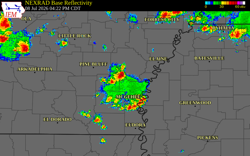 NEXRAD radar during the Wednesday, July 8, 2026 storm activity in Jefferson County, Arkansas