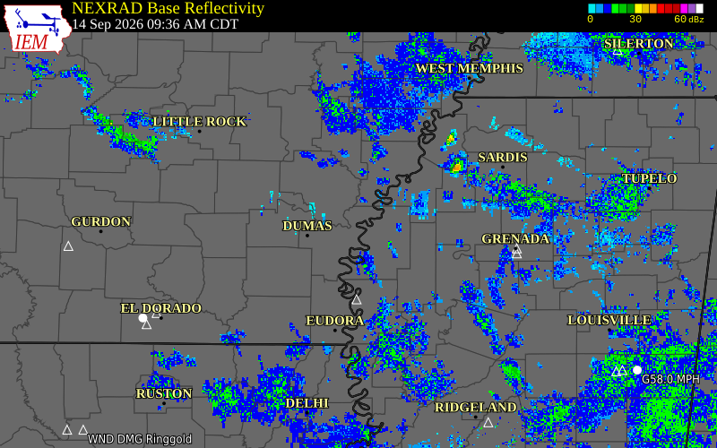 Current NEXRAD radar over Jefferson County, Arkansas with recent storm report locations