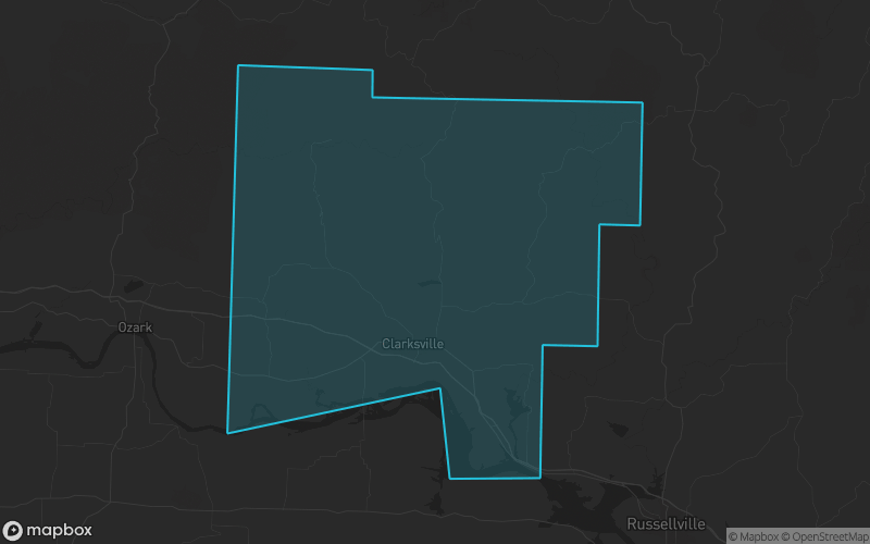 Map of Johnson County, Arkansas showing the county boundary and surrounding cities