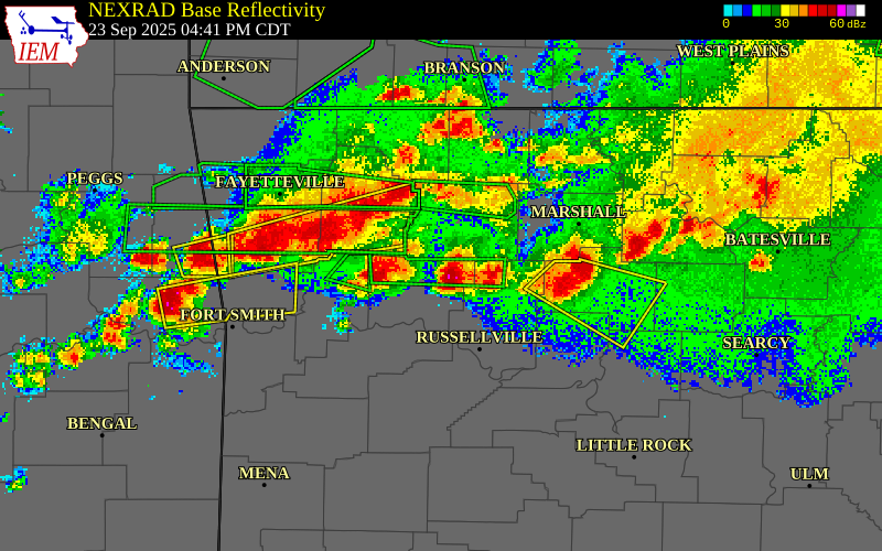 NEXRAD radar during the Tuesday, September 23, 2025 storm activity in Johnson County, Arkansas