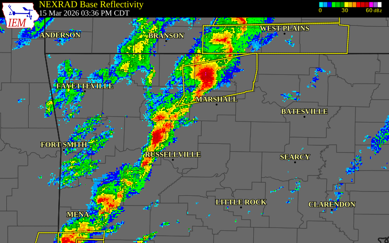 NEXRAD radar during the Sunday, March 15, 2026 storm activity in Johnson County, Arkansas