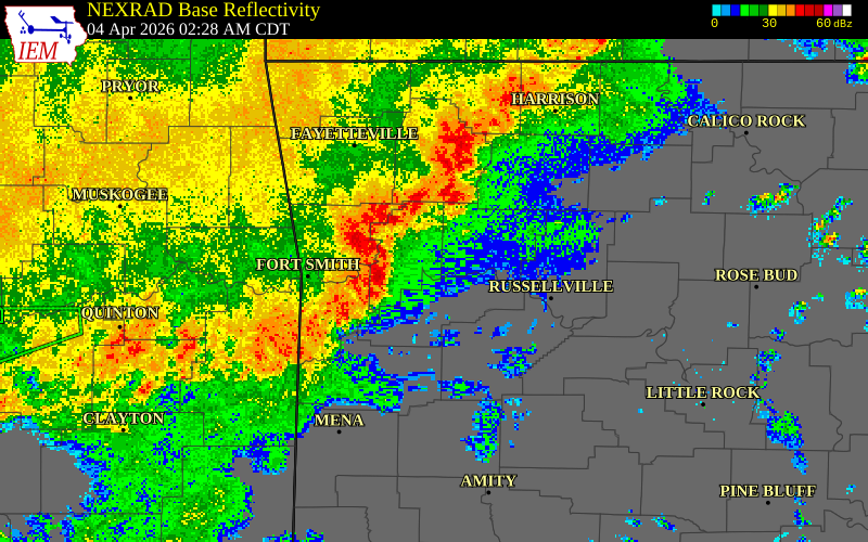 NEXRAD radar during the Saturday, April 4, 2026 storm activity in Johnson County, Arkansas